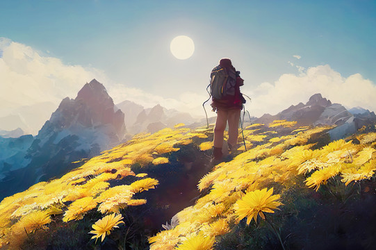 系列圖花海中登頂望著太陽