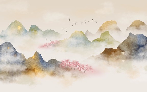 水彩禅意山水画