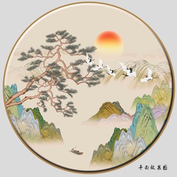 圆形国潮山水画