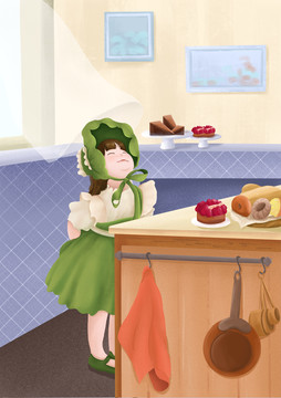 兒童小女孩廚房糕點卡通插畫