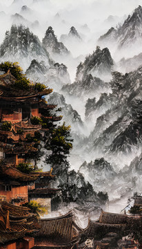 中國畫大山樓臺亭閣