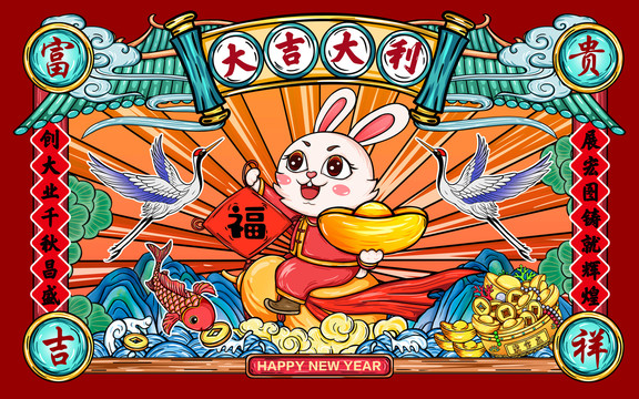 國潮兔年春節(jié)插畫