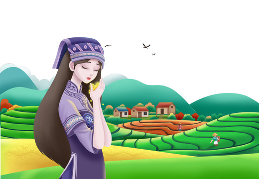 少數(shù)民族少女種田插畫