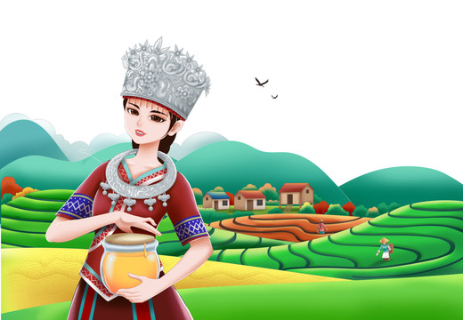 茶山采蜜女孩插畫(huà)