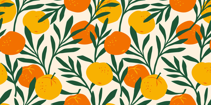 有机随性的橘子和叶子设计 无缝图案背景