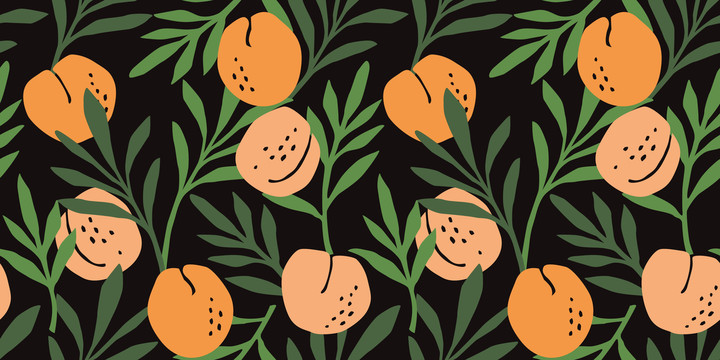 有机随性的水蜜桃和叶子设计 无缝图案背景