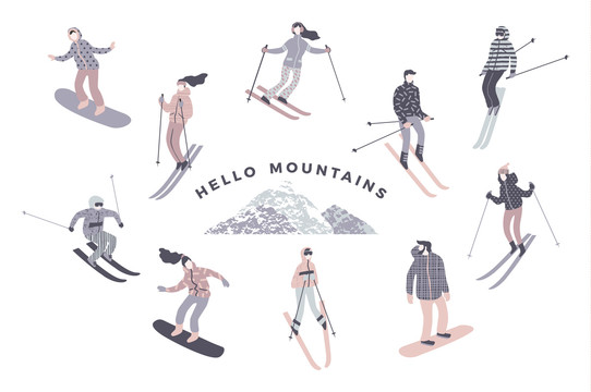 游客滑雪围绕着山峰插图卡片