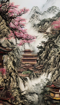 中國畫春天樓宇