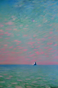 粉色海岸线油画印象派莫奈