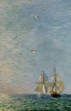 轮船海面海鸥抽象油画印象莫奈