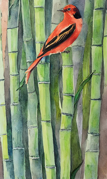 绿竹红鸟中式背景装饰画