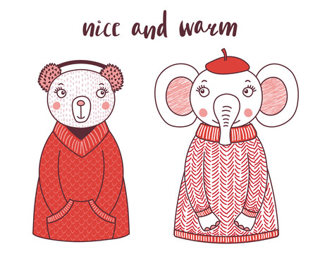 可爱动物穿着 红色毛衣插图