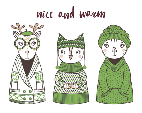可爱动物穿着 绿色毛衣插图