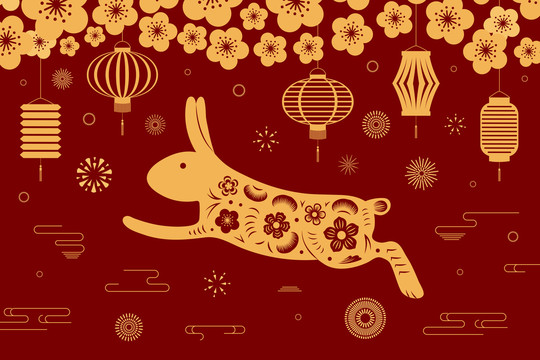 紙雕風(fēng)滿天花朵 兔子跳躍 春節(jié)賀圖