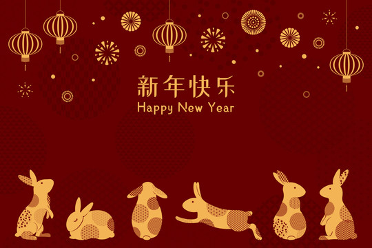滿天煙火下 一群可愛花紋兔子 新春賀圖