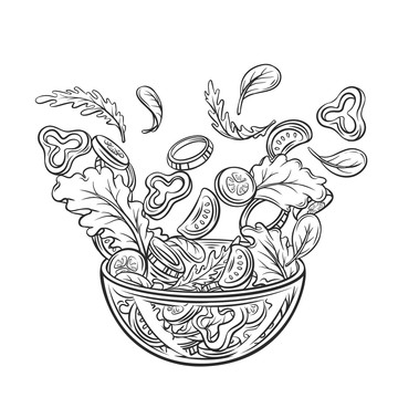 散落的色拉黑白線條插圖