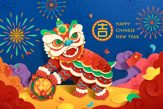 热闹烟火纸艺舞狮新年贺图