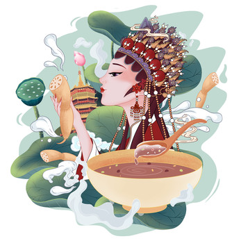 西湖藕粉甜品禮盒包裝國(guó)風(fēng)插畫(huà)