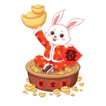 兔年春節(jié)坐在聚寶盆上的兔子