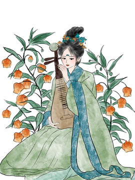 水墨彈琵琶插畫(huà)