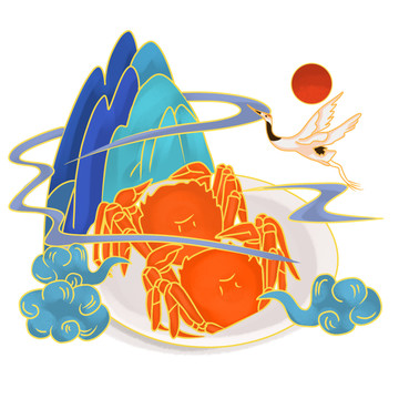 國潮風(fēng)大閘蟹仙鶴山水重陽節(jié)