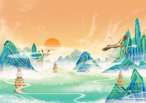 國風(fēng)國潮山水自然背景插畫橫版