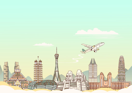 鄭州城市地標(biāo)建筑背景插畫橫版