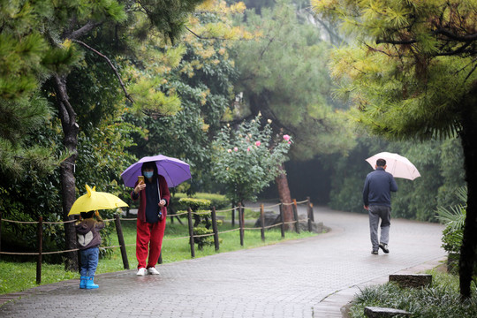 雨中打伞的母女