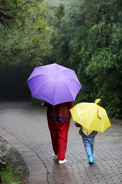 雨中打伞的母女