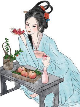 石榴美女插画