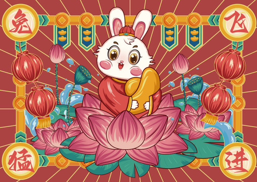 兔年春节国潮插画财神兔