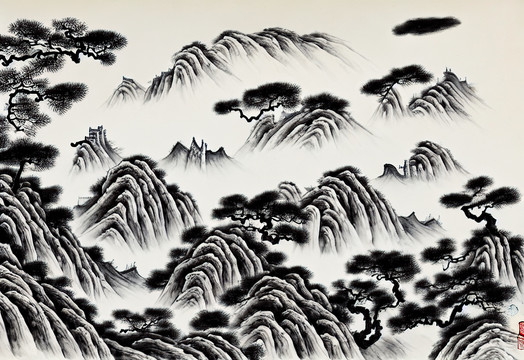 黑白手绘山水背景墙壁画