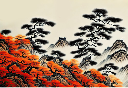 松树手绘山水背景墙壁画