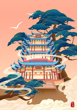 國潮插畫黃鶴樓