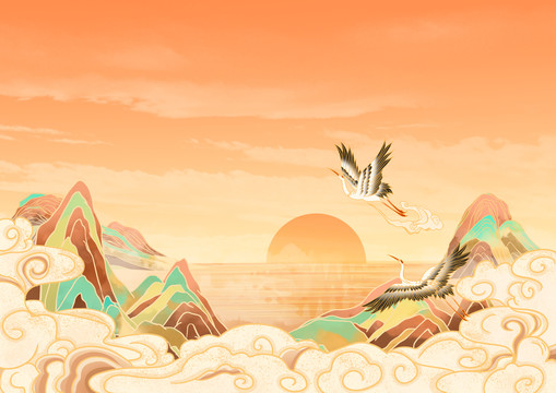 國(guó)風(fēng)山水夕陽(yáng)插畫背景橫版