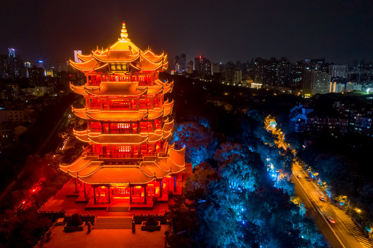 航拍武汉黄鹤楼夜景灯光秀景观