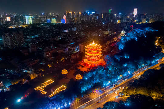 航拍武汉黄鹤楼夜景灯光秀景观