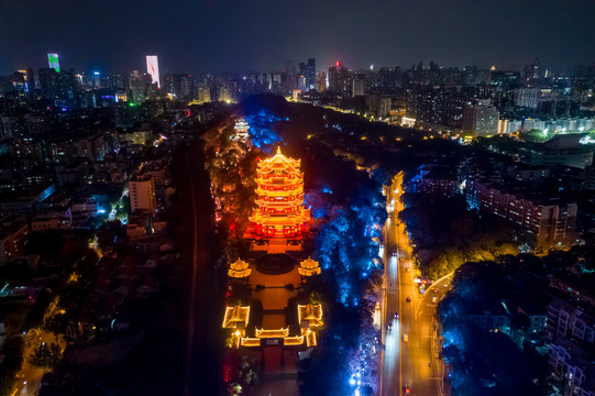 航拍武汉黄鹤楼夜景灯光秀景观