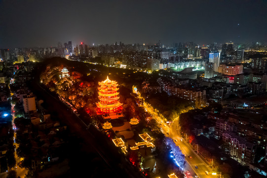 航拍武汉黄鹤楼夜景灯光秀景观