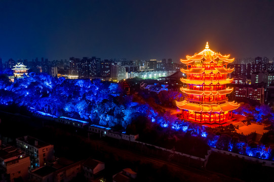 航拍武汉黄鹤楼夜景灯光秀景观