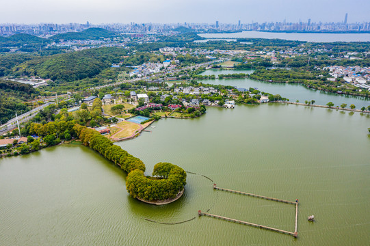 航拍武汉东湖风景区湖中林荫道