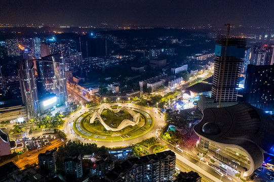 航拍武汉光谷广场夜景交通环岛