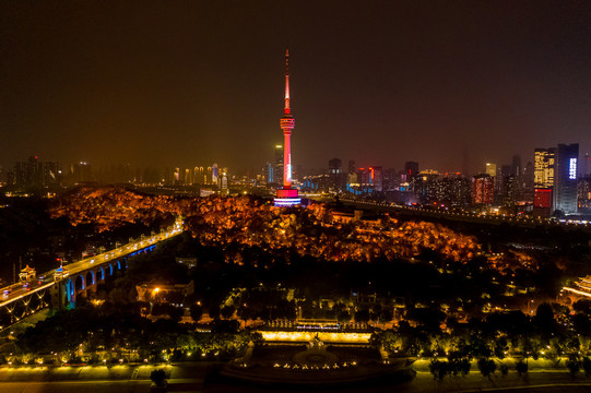 航拍武汉龟山电视塔夜景灯光秀