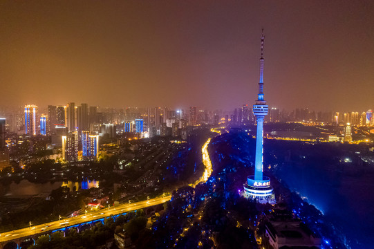 航拍武汉龟山电视塔夜景灯光秀