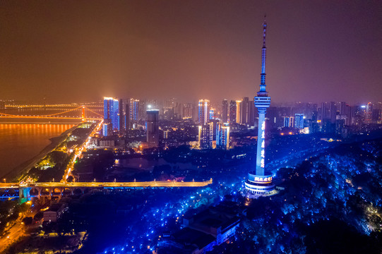 航拍武汉龟山电视塔夜景灯光秀