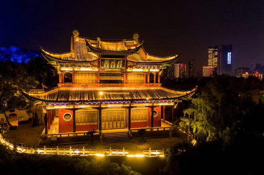 航拍武汉晴川阁景区夜景灯光秀