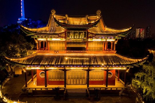 航拍武汉晴川阁景区夜景灯光秀