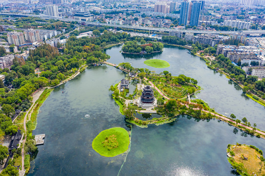 航拍武汉紫阳公园紫阳湖湿地