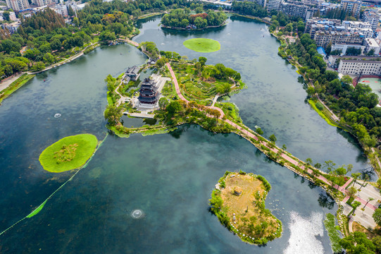 航拍武汉紫阳公园紫阳湖湿地