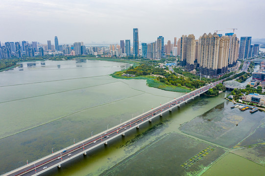 航拍湖北武汉沙湖公园沙湖大桥